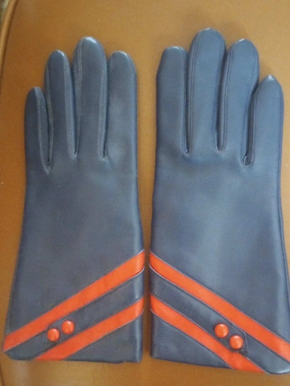 Navy Blue & Red Vintage Lined Gloves, Size B